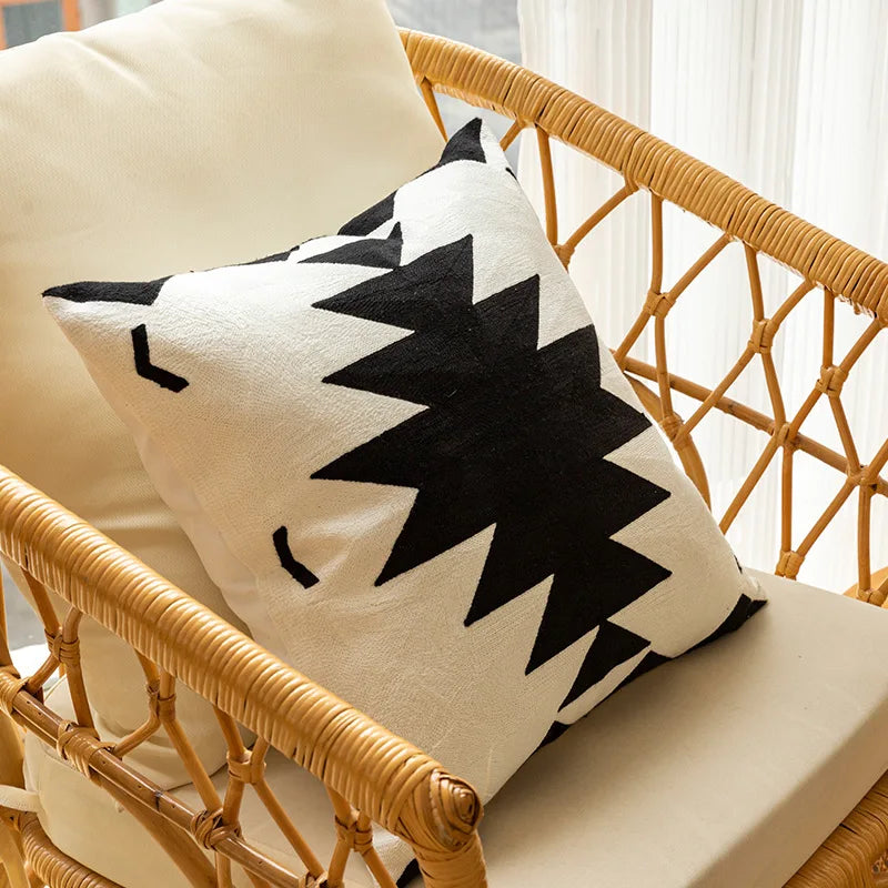 DecorBites™ Geometric Embroidered Cushion Cover - Modern Black & White Pillowcase for Home Sofa