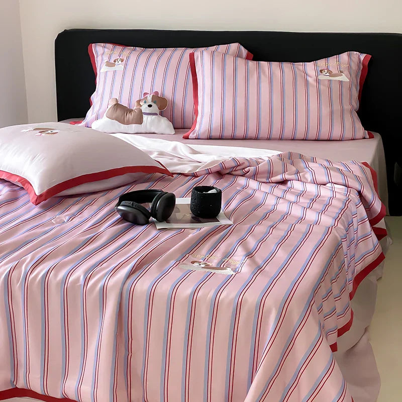 DecorBites™ Cool Lyocell Fiber Striped Summer Blanket Set with Pillowcase