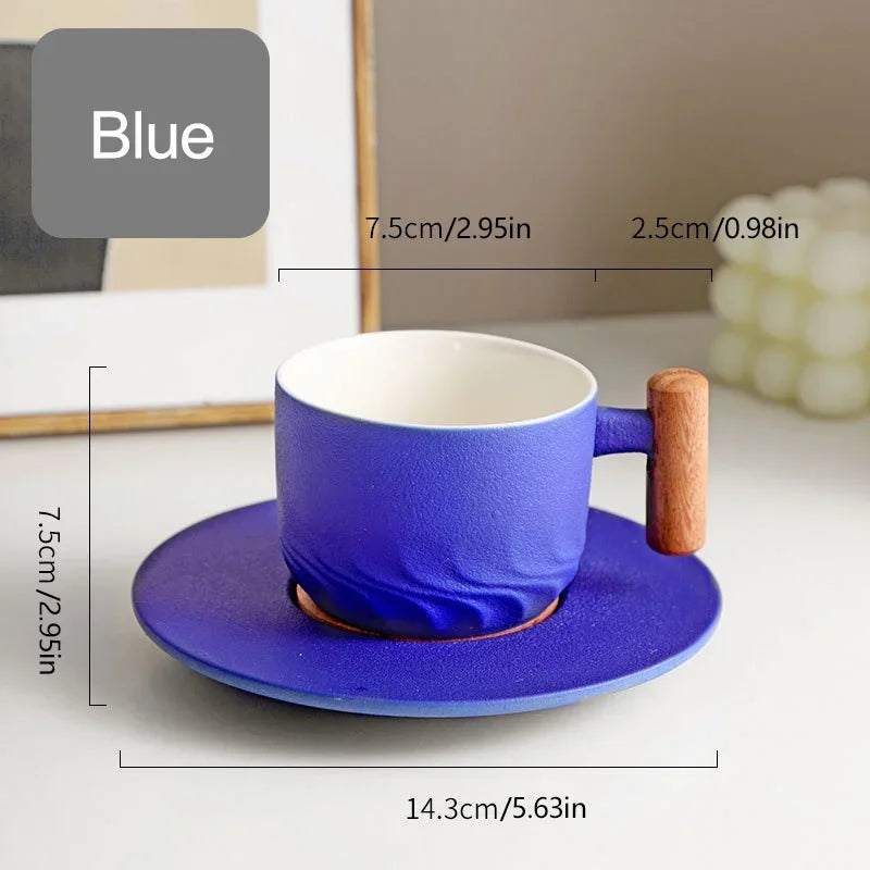 DecorBites™ 130ml Blue Ceramic Retro Coffee Cup with Saucer, Wooden Handle