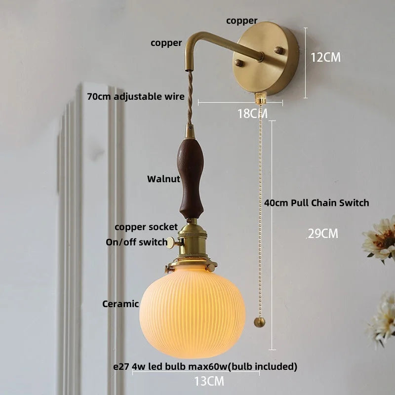 DecorBites™ Ceramic Copper Wall Light Fixture with Pull Chain Switch, E27 LED, Modern Nordic Design