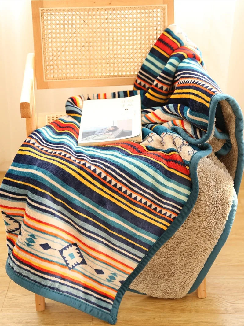 DecorBites™ Bohemian Winter Blanket, Double-Layer Coral Fleece, Thick & Warm for Sofa Nap