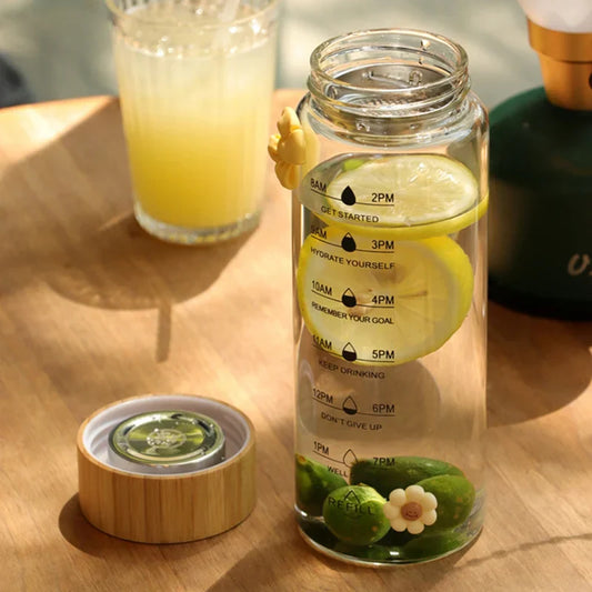 DecorBites™ 700ML Glass Water Bottle with Time Marker and Stainless Steel Tea Filter