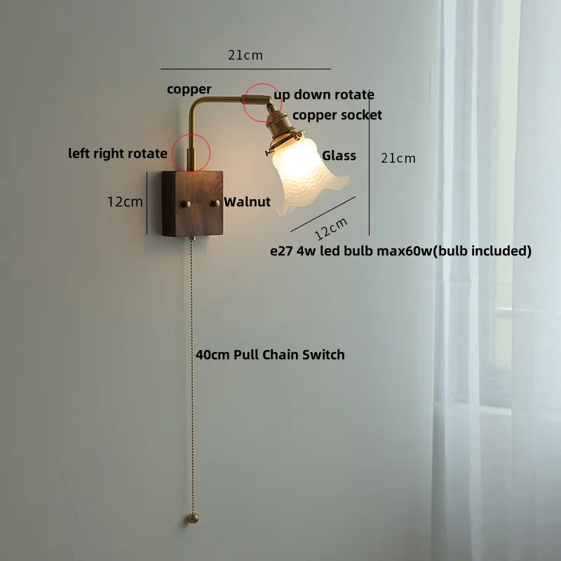 DecorBites™ LED Brass Walnut Wood Wall Sconce Rotate Glass Stair Light