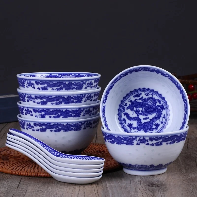 DecorBites™ Blue And White Porcelain Dragon Rice Bowls Set