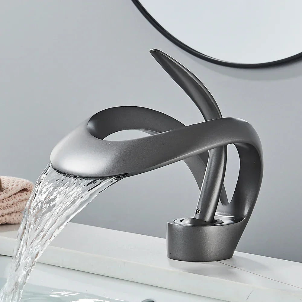DecorBites™ Black Basin Faucet Grey Waterfall Mixer Tap Hot Cold Modern Brass Deck Mount