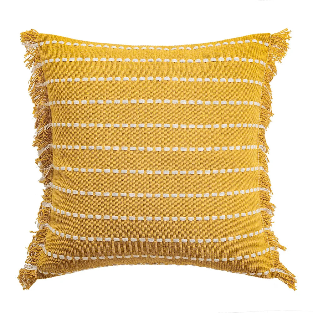 DecorBites™ Geometric Tufted Cushion Cover with Crochet Tassels - Nordic Yellow Striped Pillow Cover