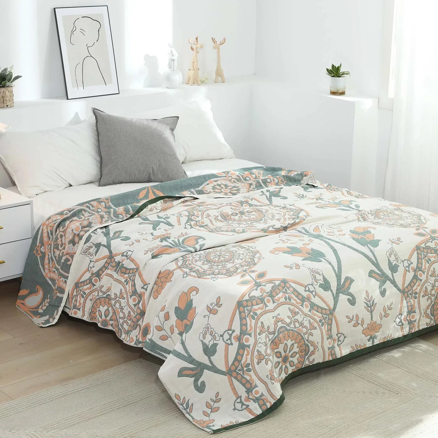 DecorBites™ 100% Cotton Gauze Summer Blanket - Soft Floral Throws for Sofa and Bed