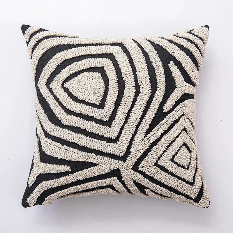 DecorBites™ Geometric Embroidered Cushion Cover in Modern Beige and Black
