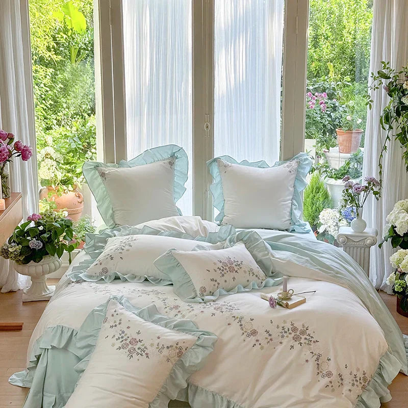 DecorBites™ Korean Princess Lace Ruffles Flowers Embroidery Bedding Set with 100% Cotton Quality.