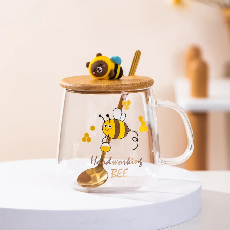 DecorBites™ Bee Glass Spoon Milk Cup Breakfast Coffee Mug with Lid
