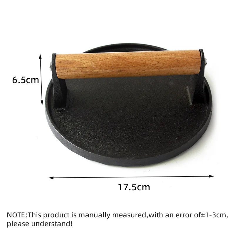 DecorBites™ Cast Iron Steak Press Plate with Wooden Handle - Kitchen Barbecue Tool