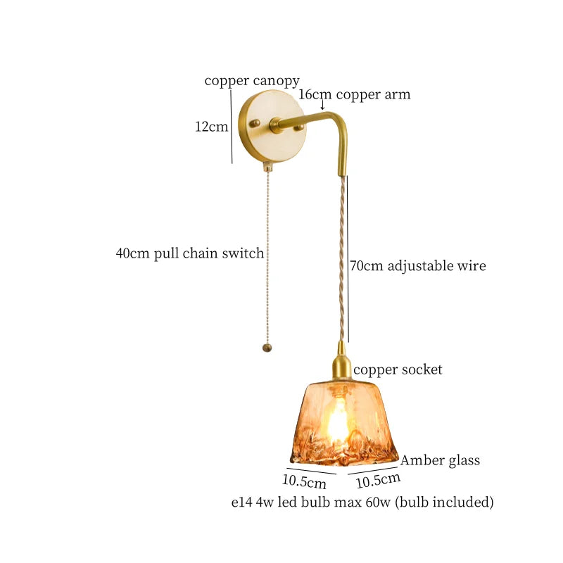 DecorBites™ Amber Glass LED Wall Lamp for Bedroom Minimalistic Copper Lighting