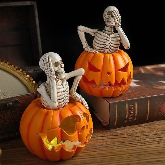 DecorBites™ Halloween Skull Pumpkin Skeleton Sculpture Resin Home Decor Statuette