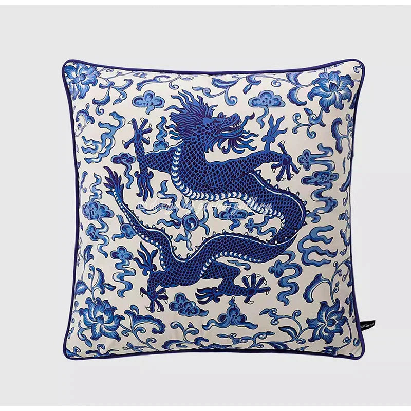 DecorBites™ Indigo Blue Dragon Velvet Pillow Cover 60x60cm Eclectic Style Home Decor