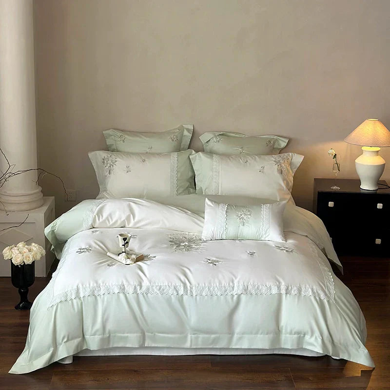DecorBites™ Flowers Embroidery Lace Princess Bedding Set 1000TC Egyptian Cotton Duvet Cover Set