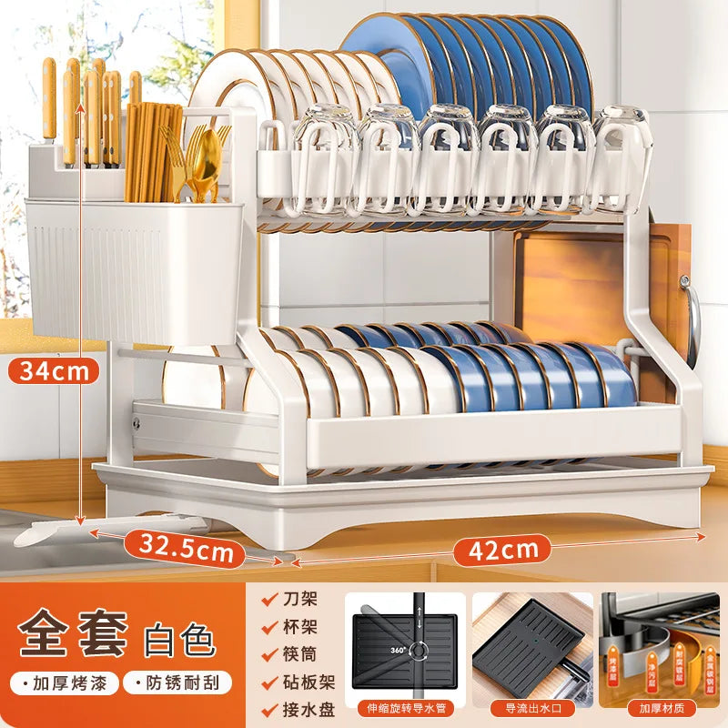 DecorBites™ 2 Tier Dish Drying Rack Utensils Storage Organizer with Drainboard
