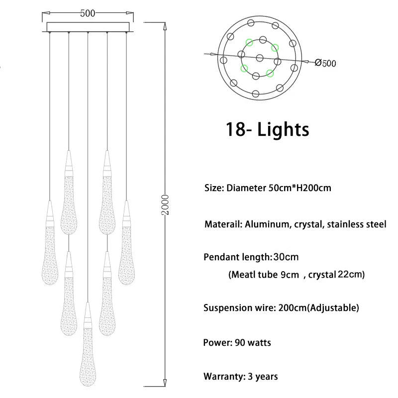 DecorBites™ Crystal Tear Drop Chandelier for Staircase, LED Pendant Light in Gold - Indoor Decor