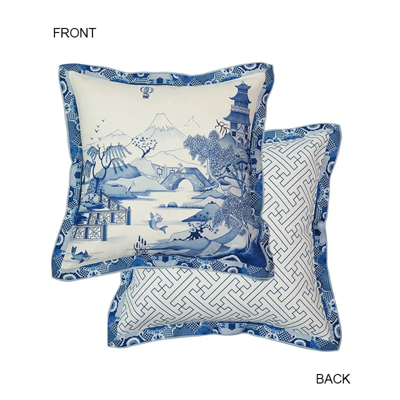 DecorBites™ Blue Chinoiserie Home Pagoda Bolster Pillowcase 30x65 Luxury Cushion Cover