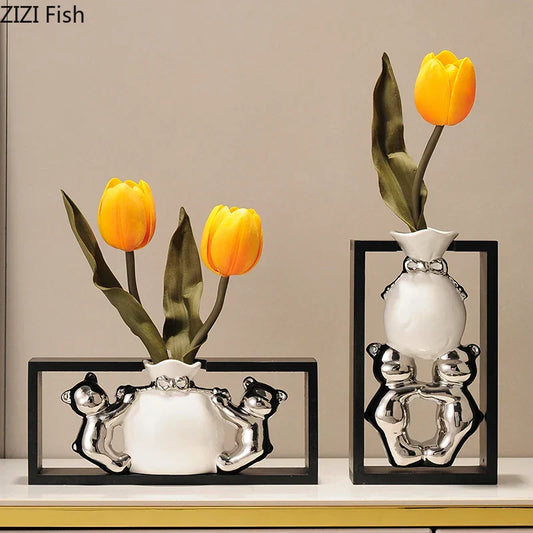 DecorBites™ Elegant Square Ceramic Vase with Artificial Flowers for Desk Decoration