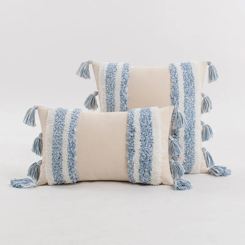 DecorBites™ Blue Grey Stripe Tufted Cushion Cover 45x45cm/30x50cm for Home Decoration