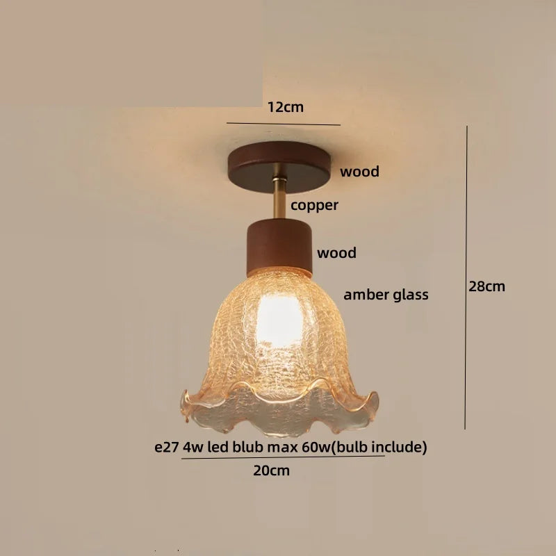 DecorBites™ Amber Glass Wood LED Ceiling Light Fixture for Modern Living Room.