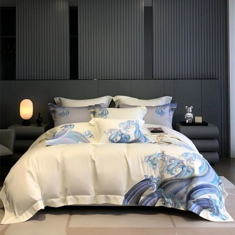 DecorBites™ Blue Tides Waves Embroidery 1200TC Luxury Bedding Set with Duvet Cover, Sheet, Pillowcases