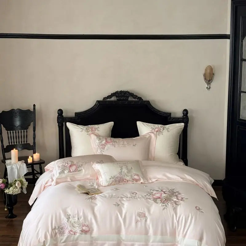DecorBites™ 4-Pc Flowers Embroidery Bedding Set 1000TC Egyptian Cotton Duvet Cover Sheets