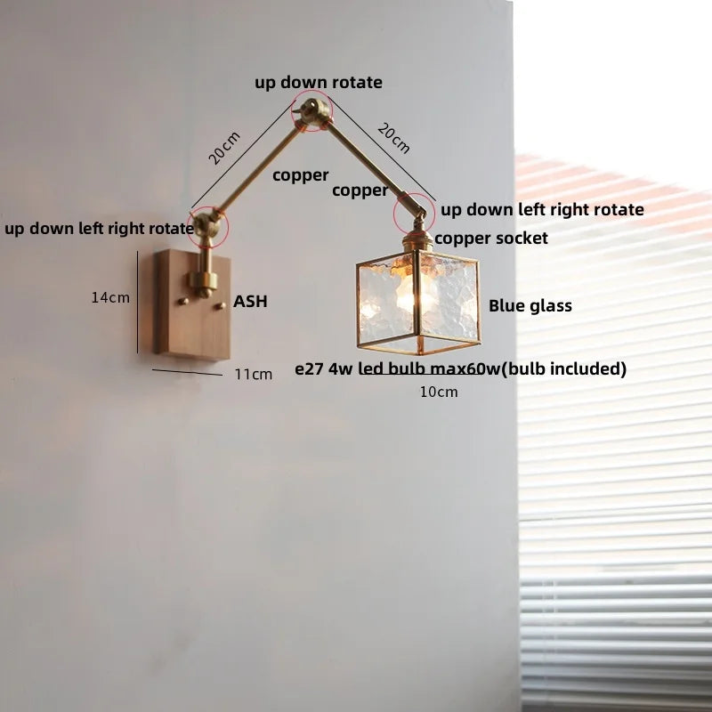 DecorBites™ Ash Wood LED Swing Arm Wall Light with Pull Chain Switch & Blue Glass