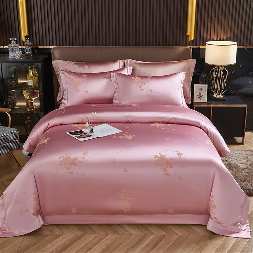 DecorBites™ Blue Satin Jacquard Embroidery Bedding Set: King/Queen Size Bed Lines, Duvet Cover, Pillowcase