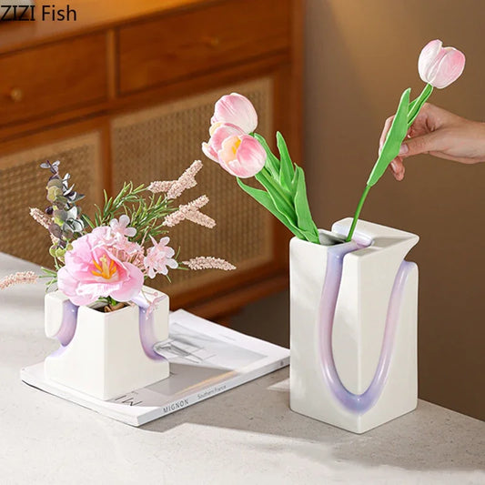 DecorBites™ Geometric Blocks Vase: Gradient Color Desk Decoration with Artificial Flowers