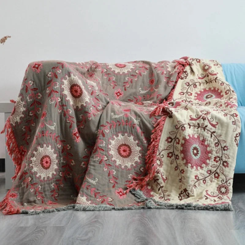 DecorBites™ Bohemian Cotton Sofa Throw Blanket - Double Side Bed Cover & Cushion - All Seasons Quilt
