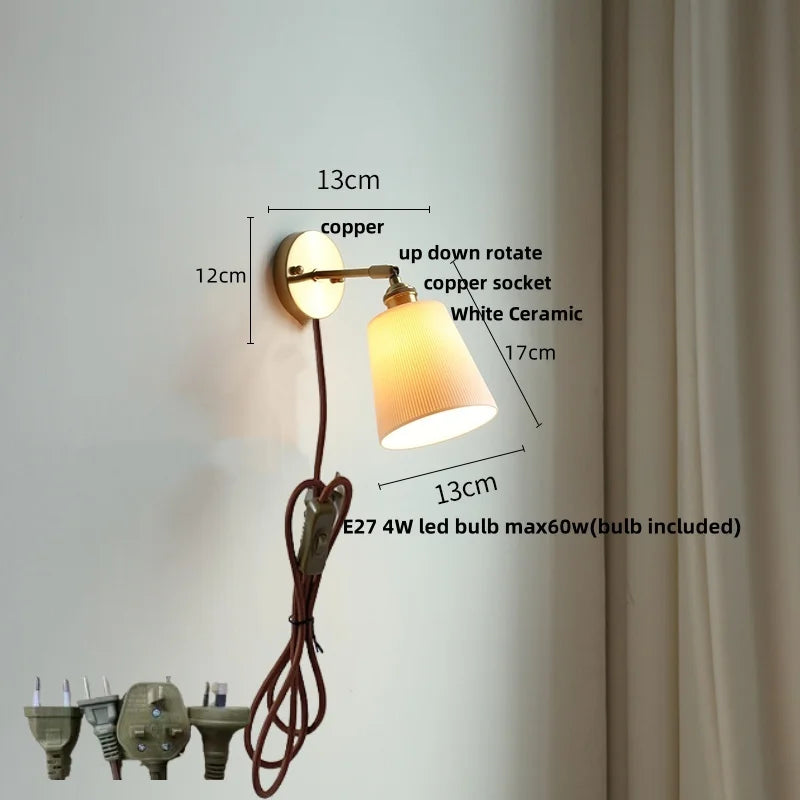 DecorBites™ Copper Wall Light Fixture Bedroom Bedside Sconce White Ceramic Lamp