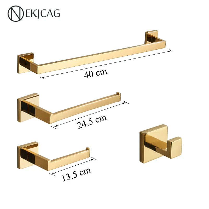 DecorBites™ Black Bathroom Set: Towel Holder, Paper Holder, Gold Rod, Robe Hook - Stainless Steel Accessories
