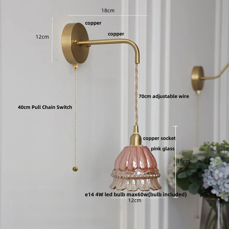 DecorBites™ Amber Glass LED Wall Light Pull Chain Switch Modern Flower Sconce