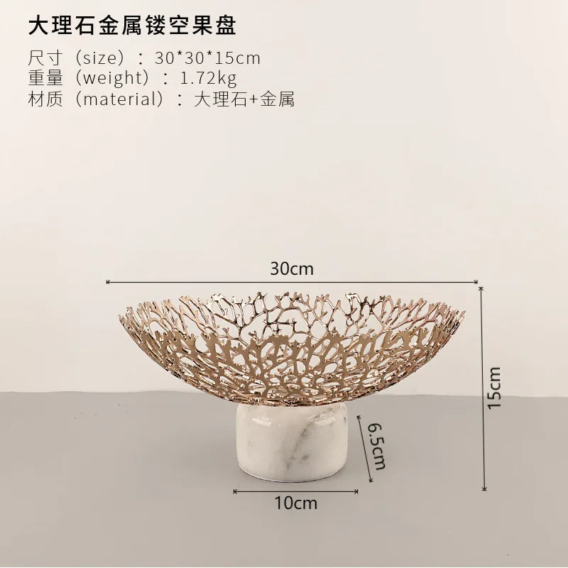 DecorBites™ Coral Disc Pedestal | Metal Tray Marble Base Fruit Plate Gold Compote