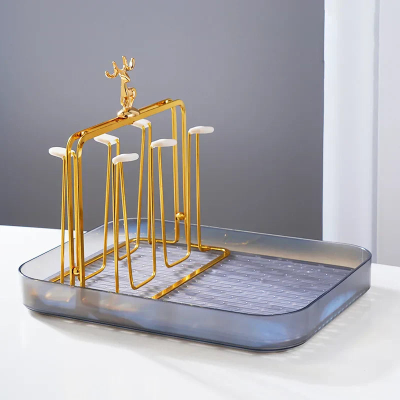 DecorBites™ Glass Storage Rack: European Metal Cup Holder with Christmas Reindeer Decor
