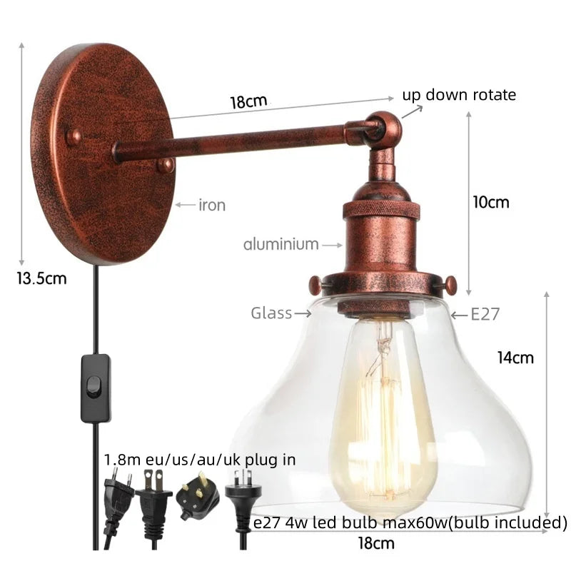 DecorBites™ Gold LED Wall Sconces Iron Loft Retro Home Bedroom Lamp