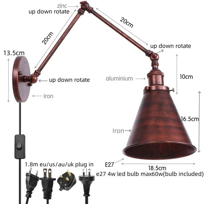 DecorBites™ LED Long Arm Wall Lamp with Pull Chain Switch for Home Hotel Bathroom