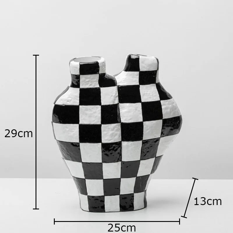 DecorBites™ Black White Check Vase Modern Crafts Room Decor Irregular Shaped Desk Decoration