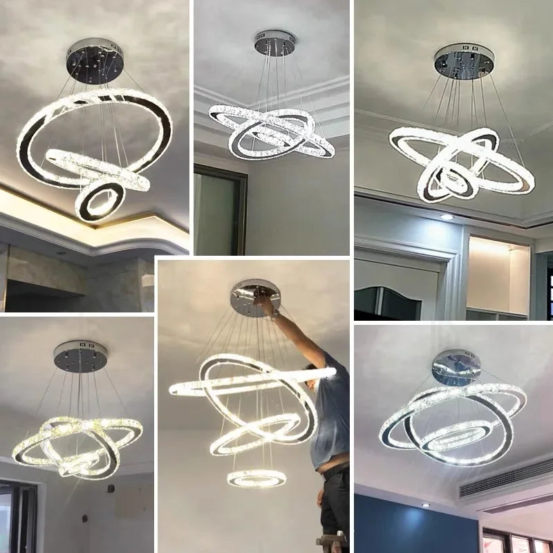 DecorBites™ Crystal LED Chandelier: Modern Chrome Lustre Ring Lighting Fixture for Living Room