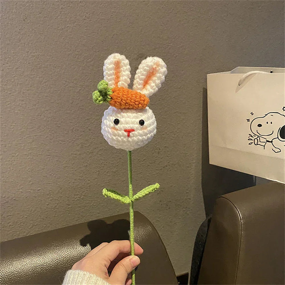 DecorBites™ Knitted Sunflower & Rabbit Bouquet: Handmade Crochet DIY Home Decor & Gift