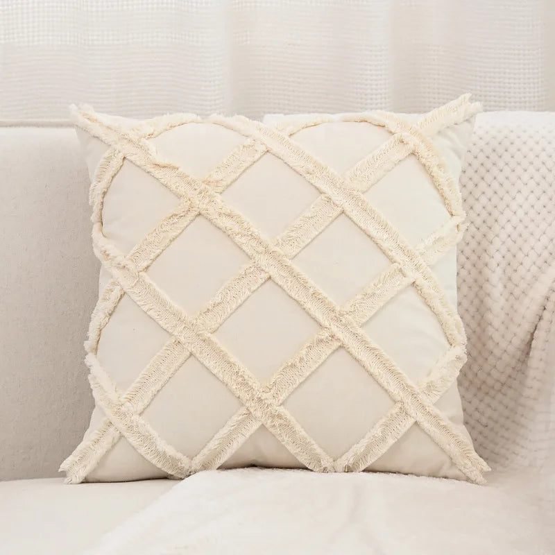 DecorBites™ Boho Linen Cotton Pillow Cover with Tassels - Beige Square/Rectangular 45x45cm/30x50cm
