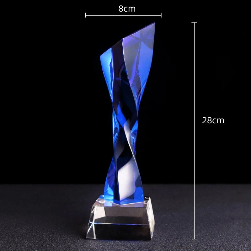 DecorBites™ Blue Glass Twisted Column Trophy - Customize Competition Prize