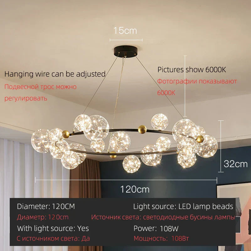 DecorBites™ LED Glass Bulb Pendant Light: Modern Round Design, Gold/Black, Gypsophila String