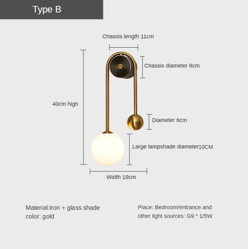 DecorBites™ Glass Ball LED Wall Lamp: Modern Round Gold Iron Light for Bedroom, Living Room