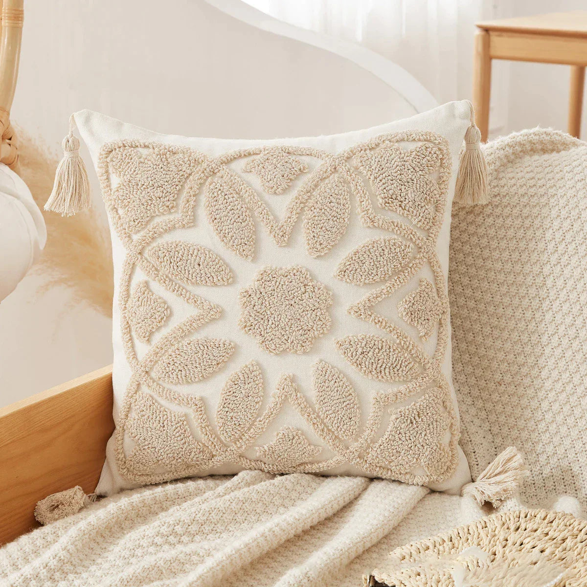 DecorBites™ Boho Beige White Embroidered Pillow Cases Set