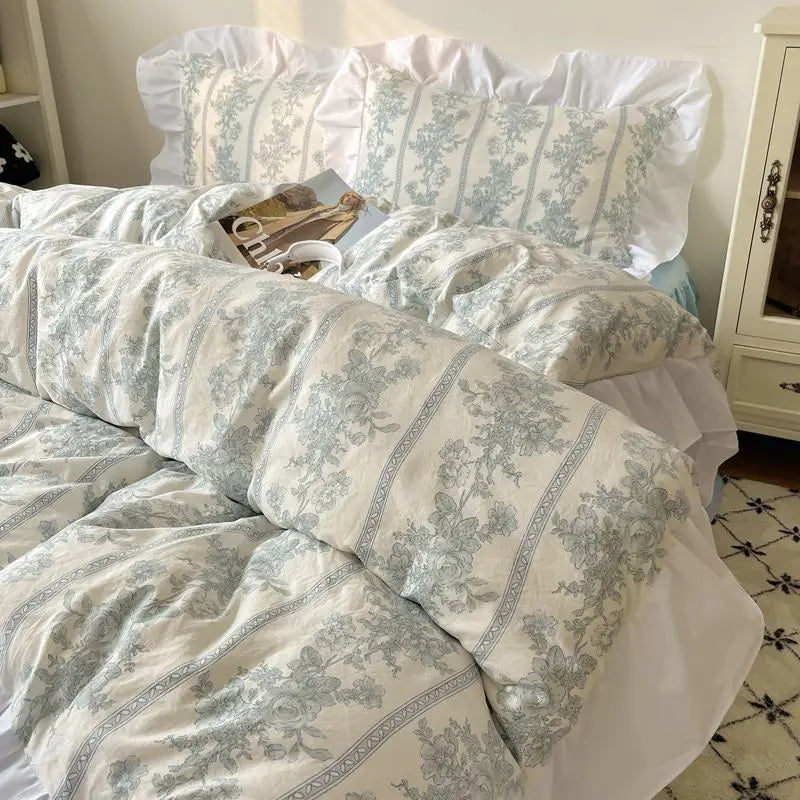 DecorBites™ Korean Lace Bedding Set, Full Double Size, Washed Cotton, Soft Bedclothes