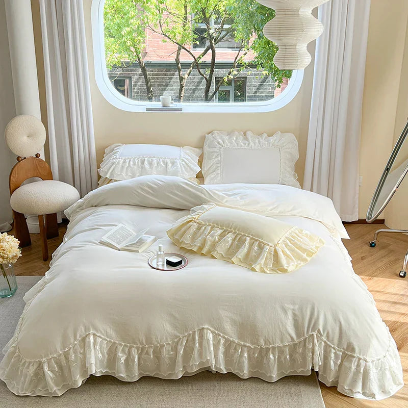 DecorBites™ Lace Ruffles Bedding Set in Pearl White Cream Yellow Princess Cotton