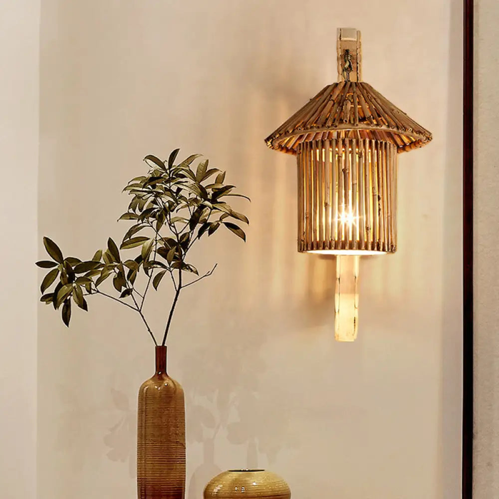 DecorBites™ Bamboo Wall Lamp: Wood Cylinder/House/Teapot Sconce Light Fixture with Curved Arm
