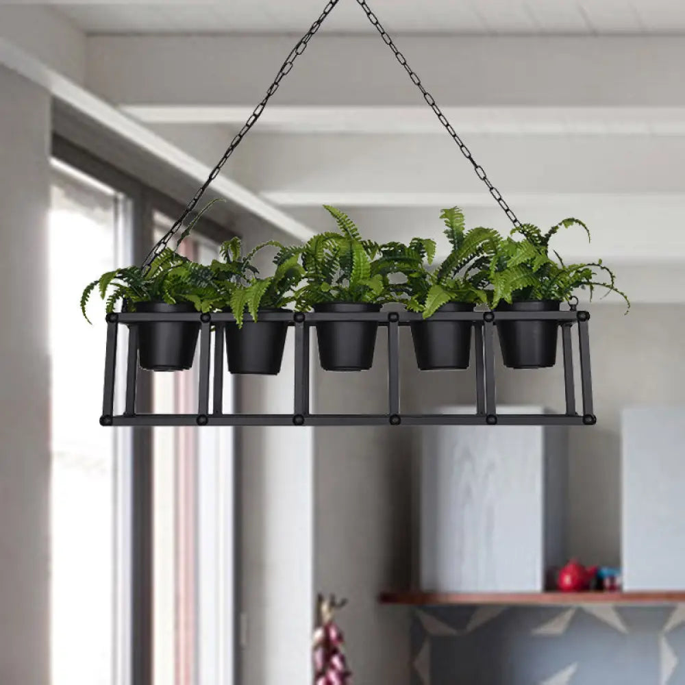 DecorBites™ Black Metal Industrial Rectangle Island Light Fixture - 2/3/5 Bulbs LED Lamp with Plant Decor